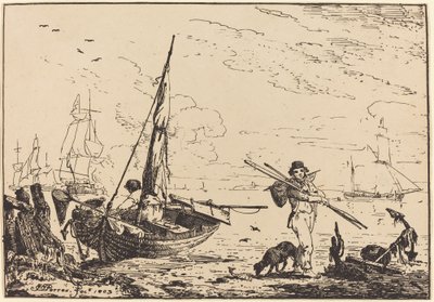 海兵隊: 海岸の漁船、櫂を持つ男、遠方の船 作： John Thomas Serres