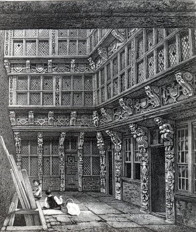 1815年にスミスの「ロンドンの古代地形」に掲載された、松葉杖で修道士のハートストリートに最近立った壮大な邸宅 作： John Thomas Smith