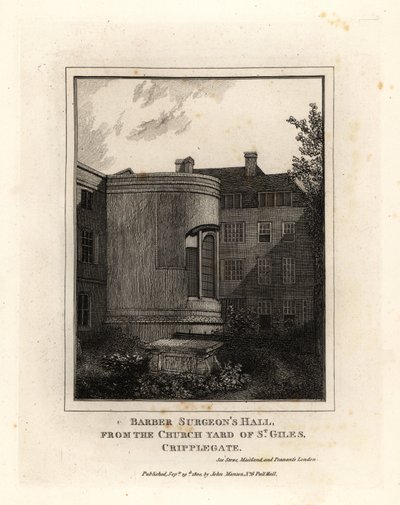 Monkwell StreetのBarber Surgeons Hall、CripplegateにあるSt Giles教会の庭から。 作： John Thomas Smith