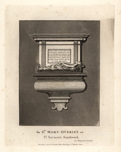 1575年に死去した正直者William Emersonの墓の彫像と記念碑、St Mary OveriesまたはSt Saviours Southwarkにある。 作： John Thomas Smith