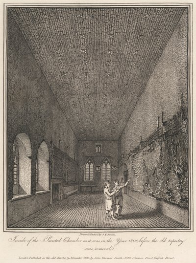 古いタペストリーが取り除かれる前の 1800 年の絵の部屋の内部 作： John Thomas Smith
