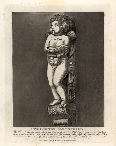 スミスフィールドのパイ・コーナーにある少年のモニュメント、1666年のロンドン大火を記念して、近くのプディング・レーンにある 作： John Thomas Smith
