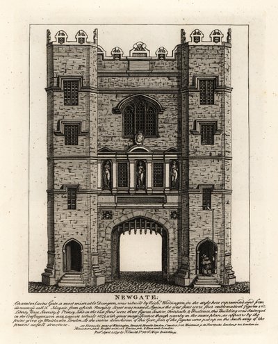 ロンドン大火の後、1672年に再建されたニューゲートには、ロンドン市長リチャード・ウィッティントンが建設した旧ゲートから、Justice（正義）、Fortitude（不屈）、Prudence（賢明）の3人の人物が配置されています。 作： John Thomas Smith
