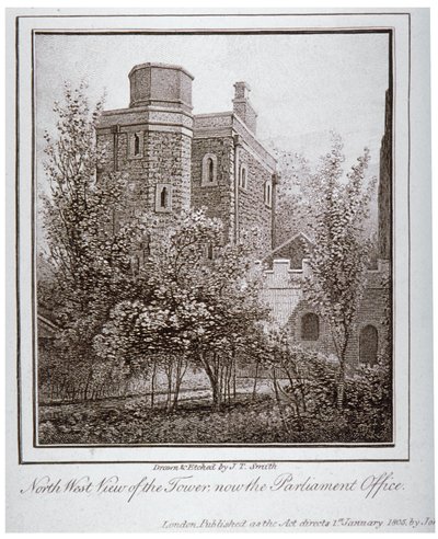 ジュエル タワーの北西の眺め、オールド パレス ヤード、ウェストミンスター、ロンドン、c1805 作： John Thomas Smith