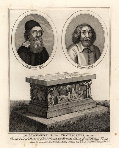 博物学者・収集家のJohn Tradescant the ElderとYoungerの楕円形の肖像画と、St Mary Lambeth教会の墓地にある彼らの墓碑 作： John Thomas Smith