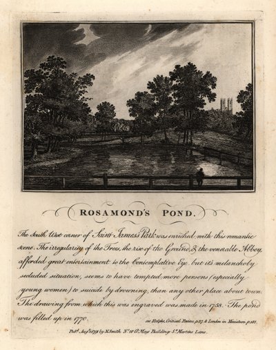 セント・ジェームズ・パークのロザムズ池、1758年頃（1770年に埋め立てられた 作： John Thomas Smith