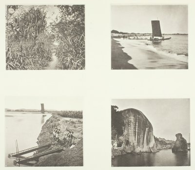 台湾府近くの田舎道、カタマラン、チェーン ポンプ、石碑、厦門、c. 1868年。 作： John Thomson