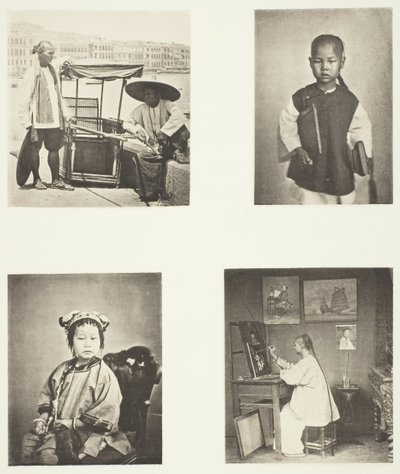 香港のセダンチェア、中国人の男子生徒、中国人の少女、香港の芸術家、c. 1868年。 作： John Thomson