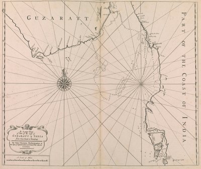 ディウ・ヘッドからボンベイまでのグザラット＆インド沿岸の一部の大きな海図。(印刷) 作： John Thornton