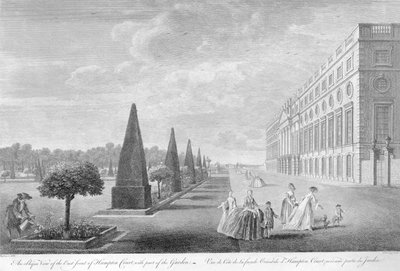ハンプトンコートのイーストフロントの斜めからの眺め、庭園の一部、1744年頃 作： John Tinney