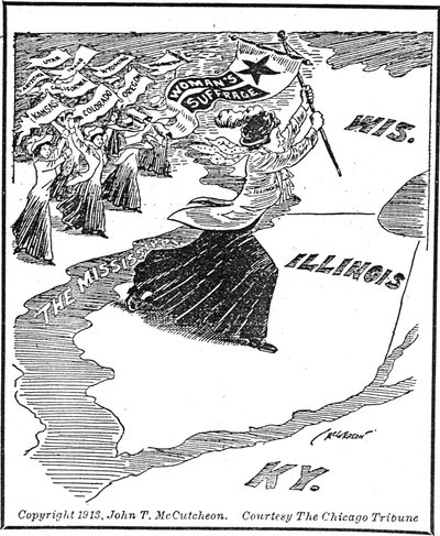 イリノイ州への横断、論説漫画 作： John Tinney McCutcheon