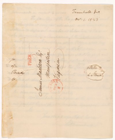ジョン・トランブル (1756-1843) がマディソン大統領に宛てた 1823 年 10 月 1 日付の手紙 作： John Trumbull