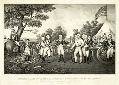 1777年10月17日、ニューヨーク州サラトガでのブルゴイン将軍の降伏、pub.N. Currier 作： John Trumbull