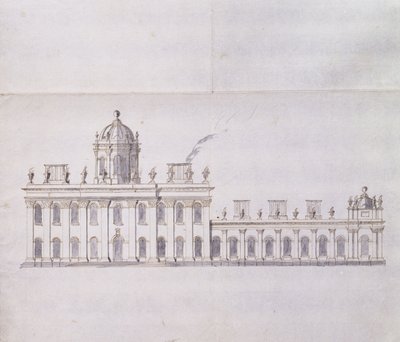 ヨークシャーのキャッスルハワード：前庭の翼の発達を示す概略的な鉛筆画、c.1699（ペンと茶色のインクと灰色のウォッシュ） 作： John Vanbrugh