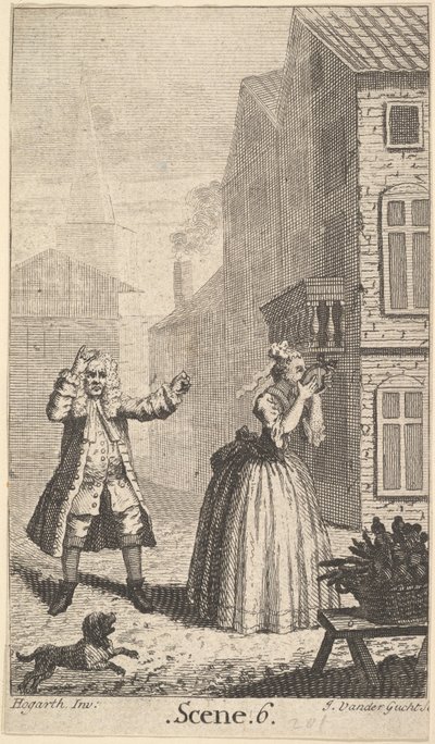 Moliere の Sganarelle の口絵、ou le Cocu Imaginaire The Imaginary Cuckold、ca. 1732年。 作： John Vandergucht
