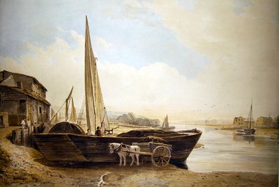 テムズ川の荷揚げ用バージ船（紙に鉛筆の跡がついた水彩画） 作： John Varley