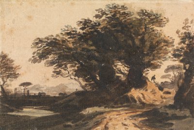 Paisagem com um aglomerado de árvores perto de uma estrada e um riacho 作： John Varley