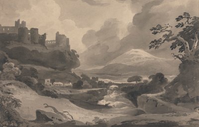 Paisagem montanhosa com ruínas de castelo em um penhasco 作： John Varley