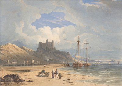 ホーリー島を遠くに望む北東から見たバンバラ城、ノーサンバーランド、1827年。 作： John Varley I