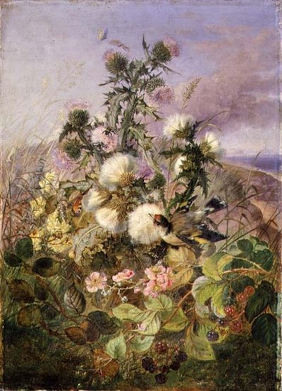 アザミとブラックベリーの花の中の金魚と蝶 作： John Wainwright