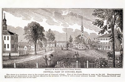 1839年にJ.ダウンズによって彫刻されたジョンワーナーバーバーによる「マサチューセッツの歴史的コレクション」からのコンコードの中央部 作： John Warner Barber