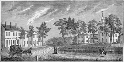 1839年にSEブラウンによって彫刻されたジョンワーナーバーバーによる「マサチューセッツの歴史的コレクション」からのグリーンフィールドの中心部 作： John Warner Barber