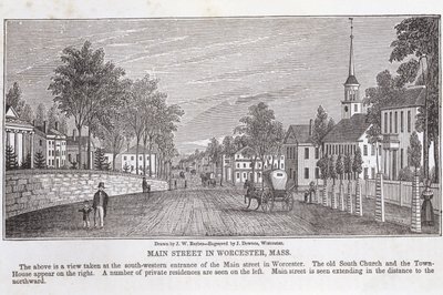 1839年にJ.ダウンズによって彫刻されたジョンワーナーバーバーによる「マサチューセッツの歴史的コレクション」のウスターのメインストリート 作： John Warner Barber