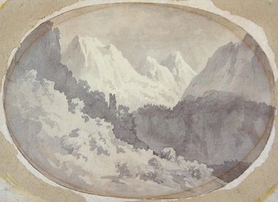 アルパインシーン（紙のグラファイトの上に灰色のウォッシュ） 作： John Warwick Smith
