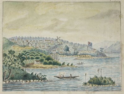 追加。 13880、f.79 イギリスの植民地の眺め。 前景、カヌーに乗った原住民、ジョン ワシントン プライス画、アイルランドからニュー サウス ウェールズおよびベンガルまで、ミネルバ輸送船に搭載されていたジャーナルから 作： John Washington Price