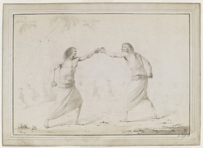 (全体図）ボクシングをする2人の男、半円形に座る観客、背景にかすかに描かれたヤシの木 作： John Webber