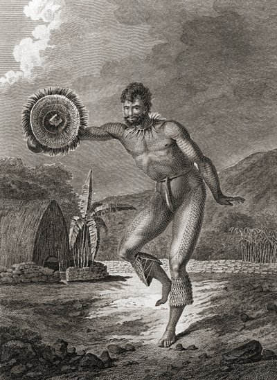 伝統的な衣装を着た刺青のダンサー、ハワイ、1778年 作： John Webber