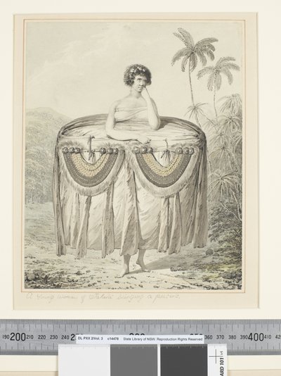 F.12 プレゼントを持ってくるオタヘイトの若い女性, 1773-84年頃（水彩画 作： John Webber