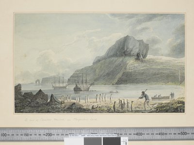 F.1 ケルゲレン島のクリスマス・ハーバーの眺め、1773-84年頃（水彩画・版画 作： John Webber