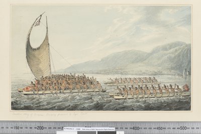 F.35 クック船長に贈り物をするオワイヒー族の王、テレオブー（1773-84年頃）（水彩画 作： John Webber