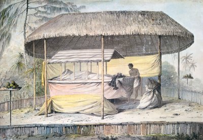 タヒチ、ソサエティ諸島、天蓋の下の故人との葬儀、ジョン・ウェバー（1750-1793）による水彩画（キャプテン・ジェームズ・クックの最後の航海（1776-1779）の記述より）、ポリネシア 作： John Webber