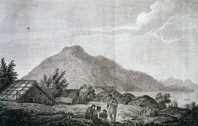 ジェームス・クック(1776-1779)の最後の航海の記録にあるジョン・ウェバー(1750-1793)の絵を元にしたモツアラ島のヒップパの中。 作： John Webber