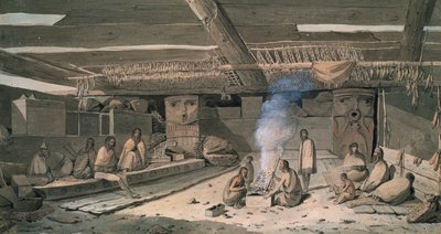 ジョン・ウェバー作「ヌートカ先住民の家の内部」（スケッチ 作： John Webber