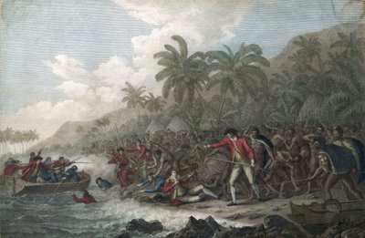 キャプテン・ジェームズ・クック（1728～1779年、イギリスの探検家）が1779年にサンドイッチ諸島（ポリネシア）のケアラケクア湾でハワイ先住民に殺害される-2月14日のキャプテン・ジェームズ・クックの死 作： John Webber