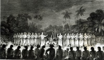 ハピーで踊る友好的な島々の先住民、キャプテンジェームズクックの第3航海地図（1728-79）1777 作： John Webber