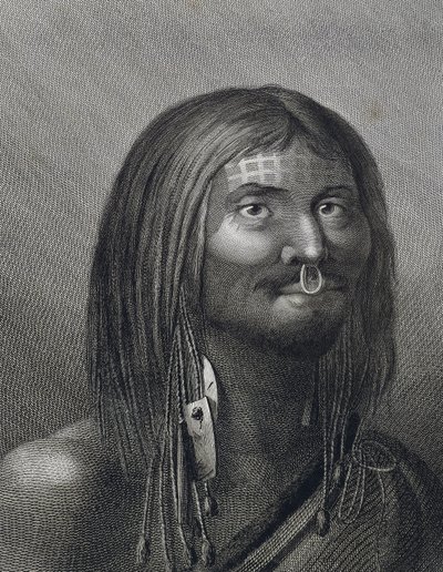 ヌートカ海峡のポリネシア人男性。ジョン・ウェバー（1752～1793）がジェームズ・クック（1728～1779）の第3次航海（1776～1779）中に描いたイラスト。 作： John Webber