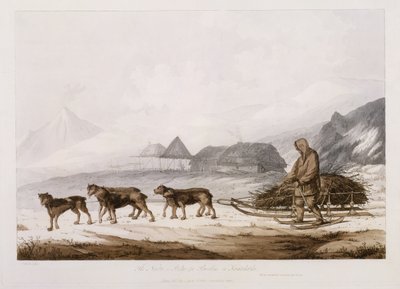 ナルタ、またはカムツチャッカの負担のそり、「南の海の景色」、パブ。 1789 作： John Webber
