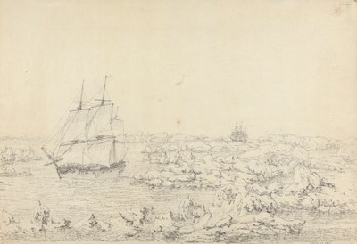 氷を打ち破る決意、遠くにある最も顕著な危険にあるディスカバリー 作： John Webber