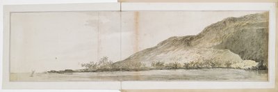 レゾリューション号から撮影したハワイ島ケアラケクア湾北端の眺め。1779年1月17日から2月23日までハワイ諸島を訪れた際に撮影されたもので、キャプテン・クックは第3回航海の途中、2月14日に死亡した。 作： John Webber