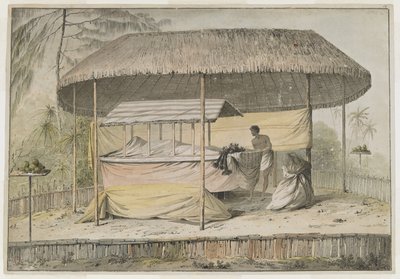 1777年8月19日にタヒチを訪れたキャプテン・クックが記録した、横たわるオヘイテペハの酋長ワヘイアドゥア。葬儀用の舞台が、覆いかぶさった死体と侍者を支えている。彼らは、草ぶき屋根の日よけに守られ、低い柵に囲まれている。 作： John Webber