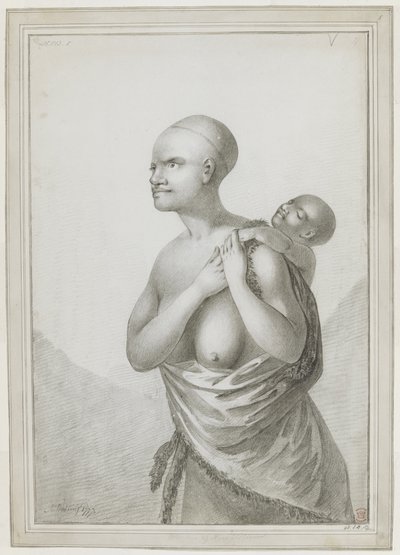 [全体図]子供を背負い、左肩から腰に皮を下げているタスマニアの女性。1777年1月 作： John Webber
