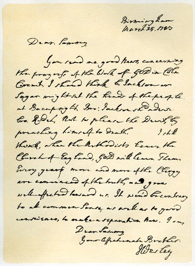 1783年3月25日、ジョンウェスリーからサミュエルブラッドバーンへの手紙。 作： John Wesley