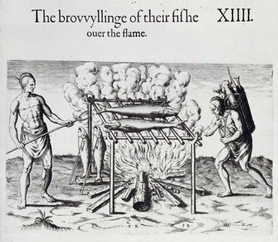 Thomas Harriot（1560-1621）pubによる「バージニアの新たに発見された土地の簡単で真の報告」からの魚料理、プレート。 1590 作： John White