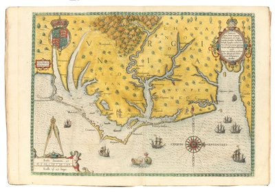 1585年、1590年にウォルターローリー卿の遠征隊が到着したことを示すバージニア州の地図 作： John White