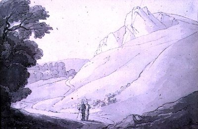 2人の人物が描かれた丘陵の風景（ペン、インク、水彩） 作： John White Abbott