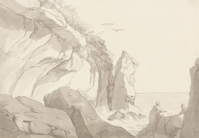 デボン州エクスマウス近くのウォーレン：海の端にある岩の上の人物 作： John White Abbott